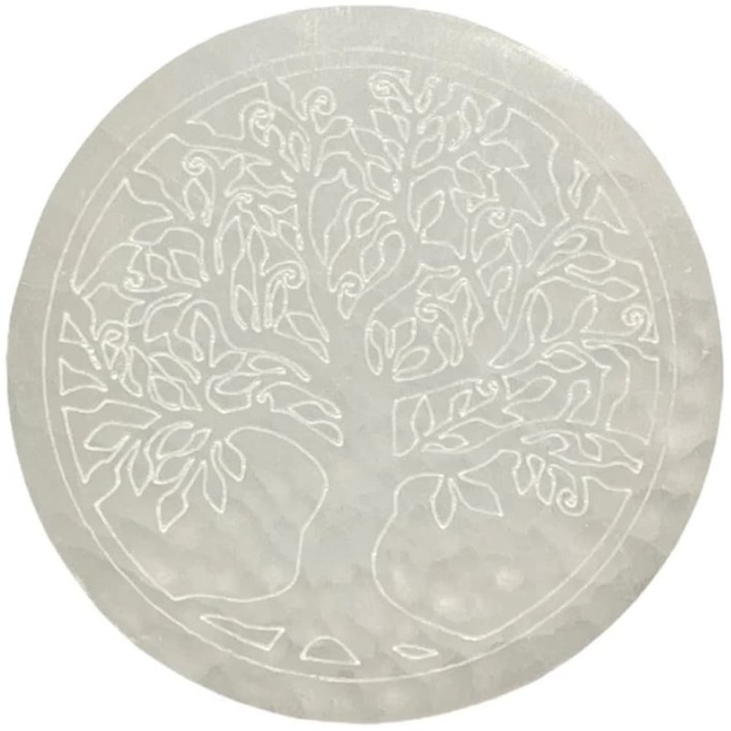 Plaque ronde en sélénite blanche gravée d'un arbre de vie aux branches feuillues