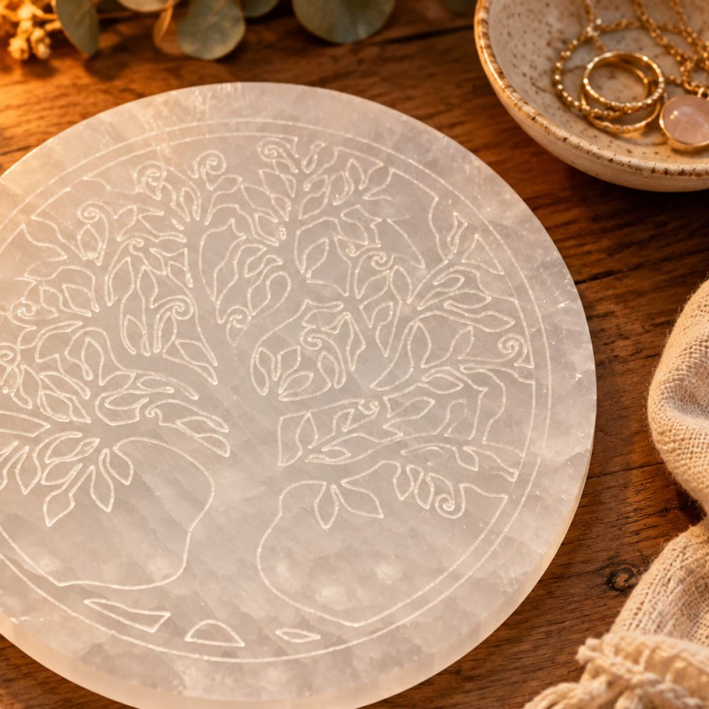 Plaque arbre de vie en sélénite gravée pour bijoux et pierres