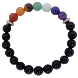 Bracelet en perles d'onyx noir brillant ponctué de sept pierres colorées des chakras