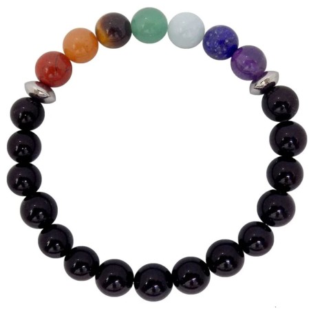 Bracelet en perles d'onyx noir brillant ponctué de sept pierres colorées des chakras