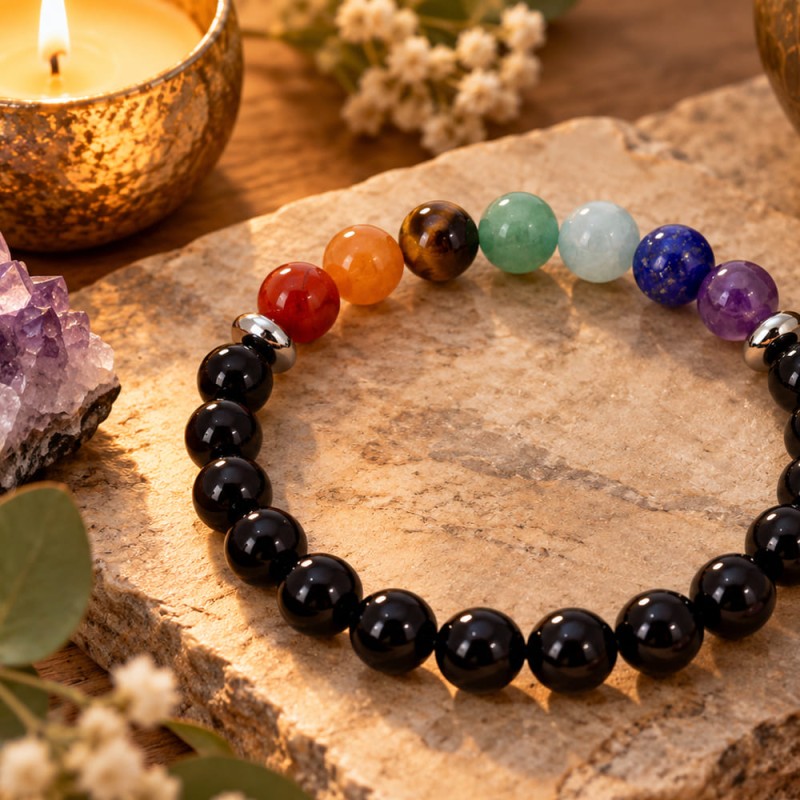 Bracelet 7 chakras onyx noir, pierres naturelles vente en ligne