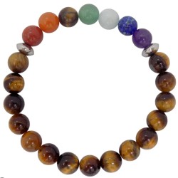 Bracelet en perles d'œil de tigre dorées et sept pierres colorées des chakras