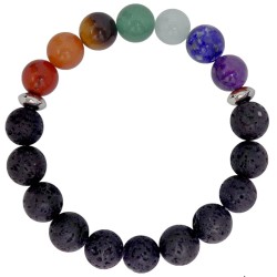 Bracelet en perles de pierre de lave noire mate et sept pierres colorées des chakras