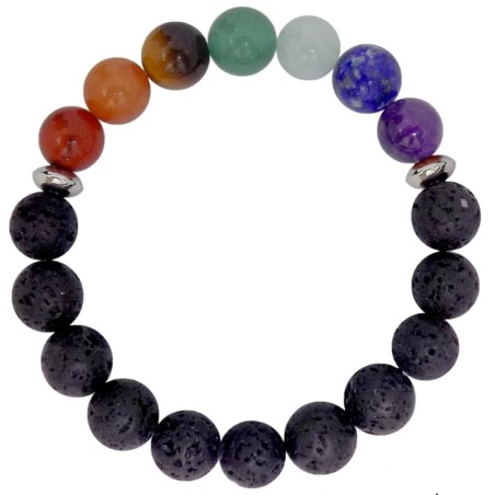 Bracelet en perles de pierre de lave noire mate et sept pierres colorées des chakras