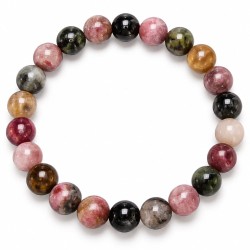 Bracelet en perles de tourmaline multicolore aux nuances rose, verte, noire et miel