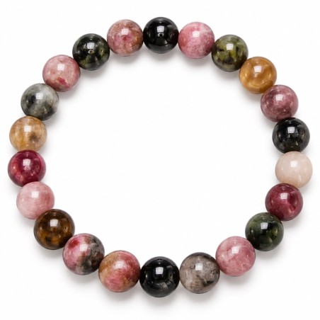 Bracelet en perles de tourmaline multicolore aux nuances rose, verte, noire et miel