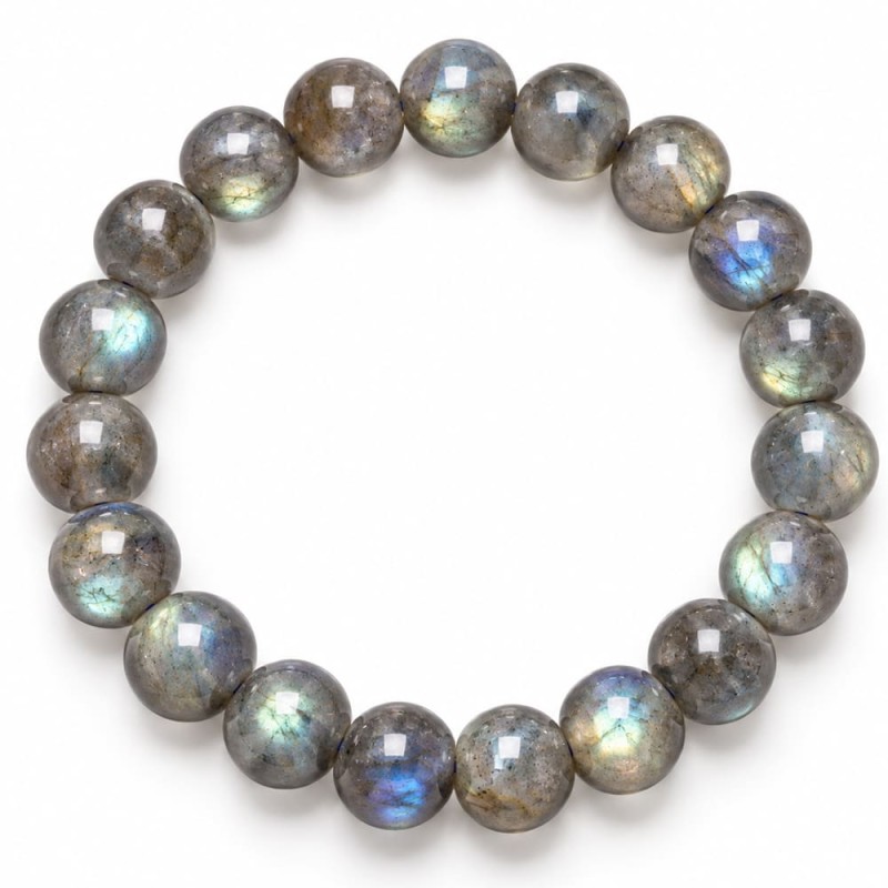 Bracelet en perles de labradorite grises aux reflets bleus et dorés intenses