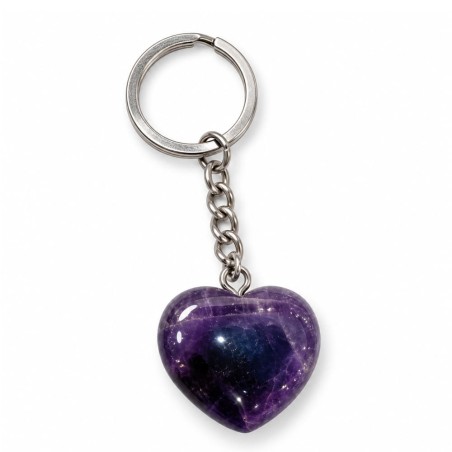 Porte-clés en laiton argenté orné d'un cœur poli en améthyste violette