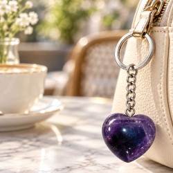 Porte-clés cœur améthyste et laiton argenté, achat en ligne