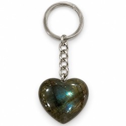 Porte-clés en laiton argenté orné d'un cœur en labradorite grise aux reflets bleus