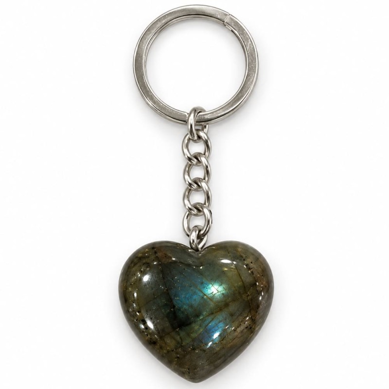 Porte-clés en laiton argenté orné d'un cœur en labradorite grise aux reflets bleus