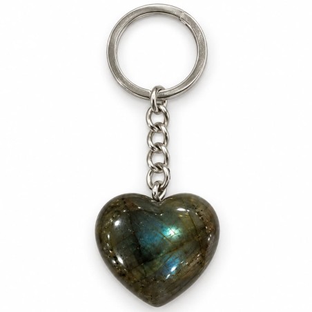 Porte-clés en laiton argenté orné d'un cœur en labradorite grise aux reflets bleus