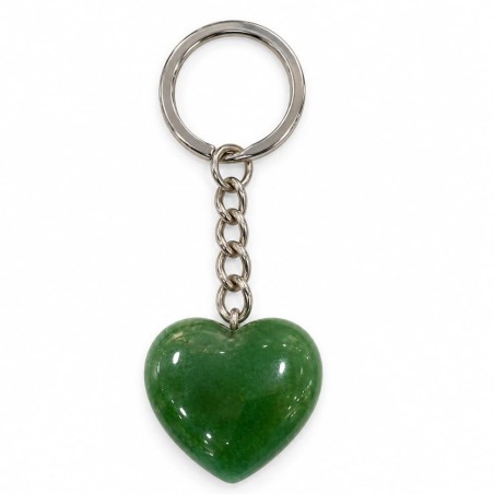 Porte-clés en laiton argenté orné d'un cœur poli en aventurine verte scintillante