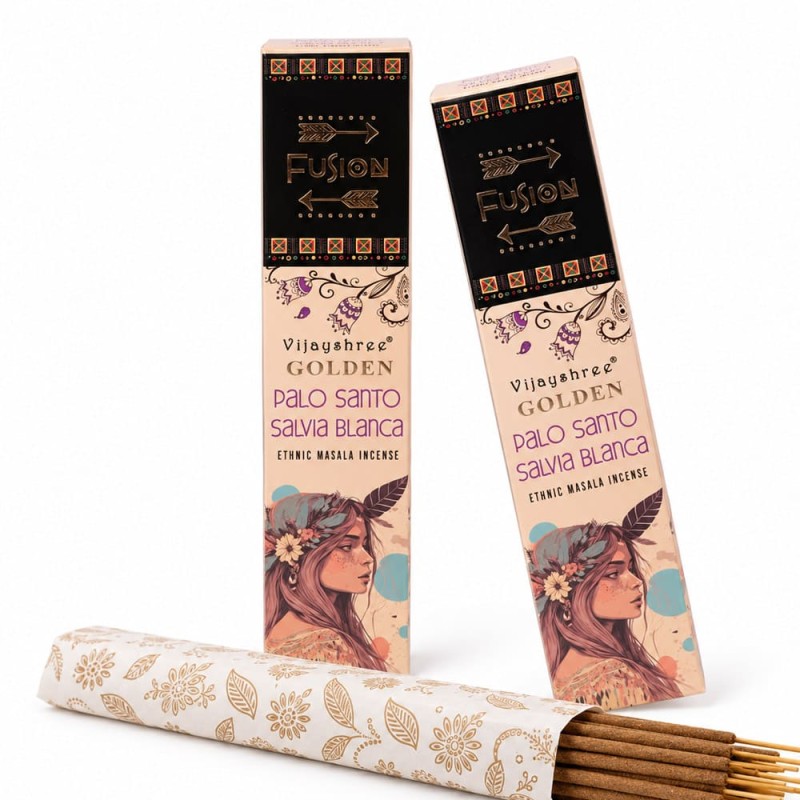 Lot de 2 boîtes d’encens Vijayshree Palo Santo Doré et Sauge Blanche