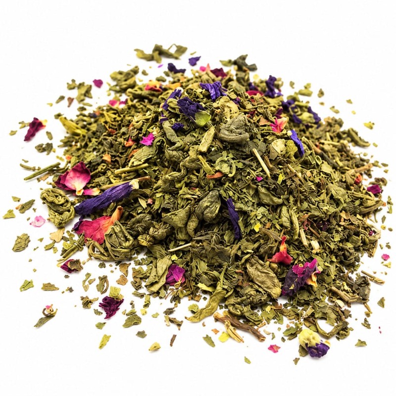 Sachet de 50 g de thé vert Souk de Sérénité à la menthe et aux pétales de rose