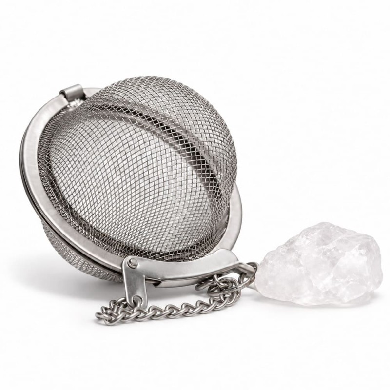 Boule infuseur à thé en acier inoxydable avec pendentif en cristal de roche naturel