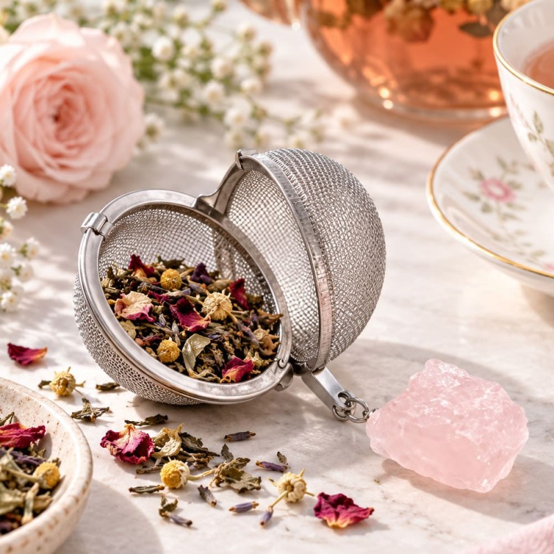 Boule à thé en inox et quartz rose, infuseur avec pierre