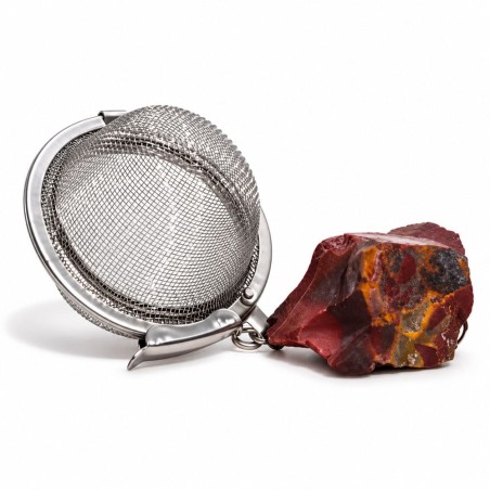 Boule infuseur à thé en acier inoxydable avec pendentif en mookaïte naturelle aux tons ocre, rouge et crème