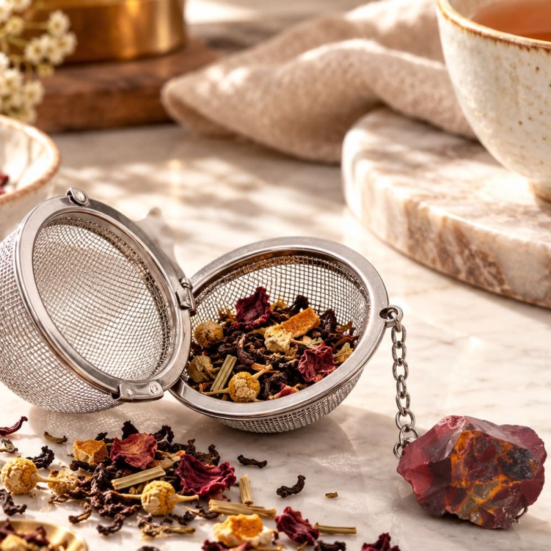 Infuseur à thé boule inox avec pierre mookaïte naturelle