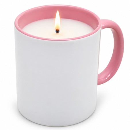 Mug bougie en céramique blanche avec intérieur et anse roses, garni de cire blanche parfumée fleur de coton