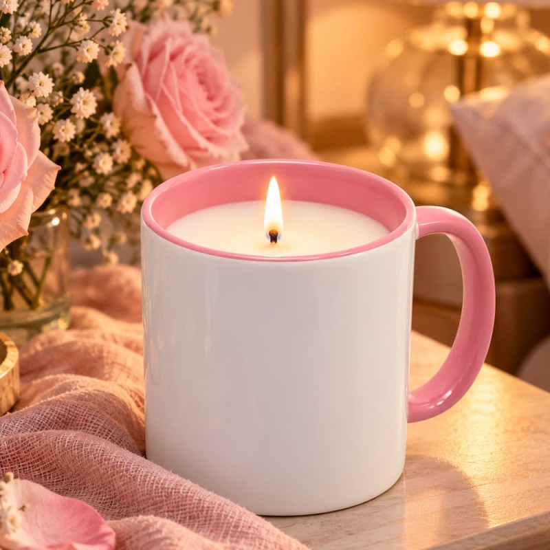 Bougie mug parfum fleur de coton à commander, tasse céramique rose