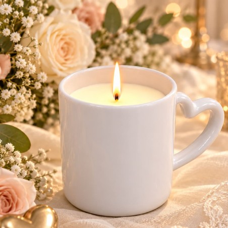 Bougie tasse cœur blanche senteur fleur de coton, cadeau Saint-Valentin