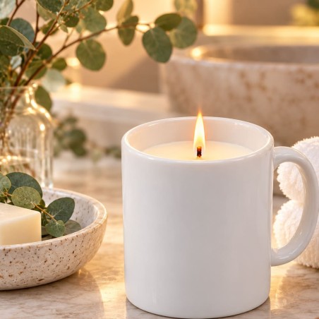 Bougie parfumée fleur de coton en mug blanc, achat en ligne d’une bougie tasse