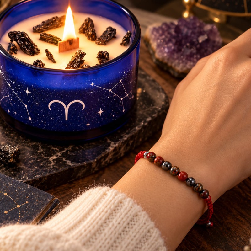 Bougie signe Bélier avec cristaux de quartz et bracelet