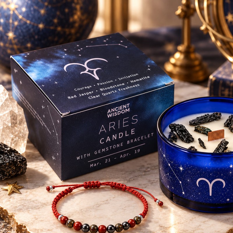 Bougie signe Bélier avec cristaux de quartz et bracelet
