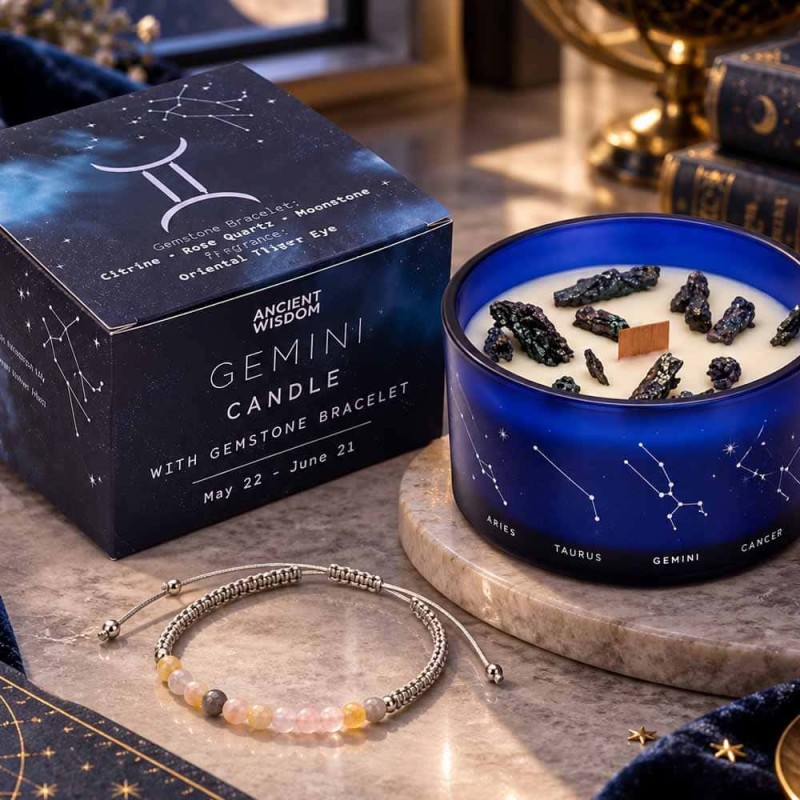 Bougie zodiaque Gémeaux œil de tigre avec bracelet citrine