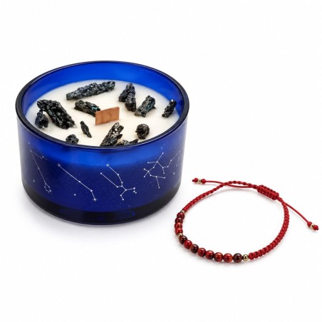 Bougie astrologique Lion en pot de verre avec éclats de citrine dorée dans la cire et bracelet en œil de tigre et cornaline
