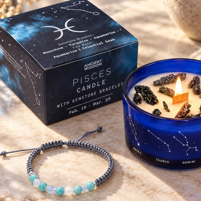 Bougie horoscope Poissons à l’aigue-marine et bracelet