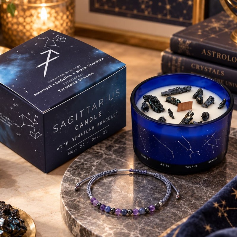 Achat bougie Sagittaire turquoise avec bracelet améthyste
