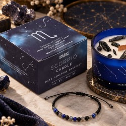 Bougie zodiaque Scorpion obsidienne et bracelet lapis-lazuli