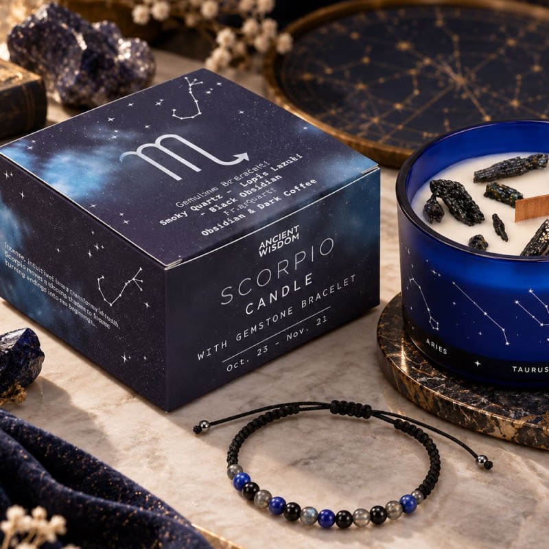 Bougie zodiaque Scorpion obsidienne et bracelet lapis-lazuli