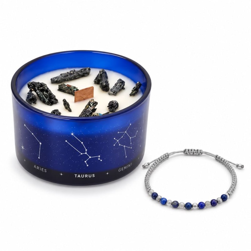 Bougie astrologique Taureau saphir et bracelet aventurine