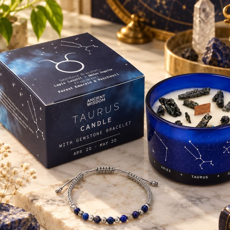 Bougie astrologique Taureau saphir et bracelet aventurine