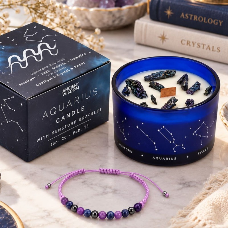 Commander bougie Verseau améthyste avec bracelet pierres