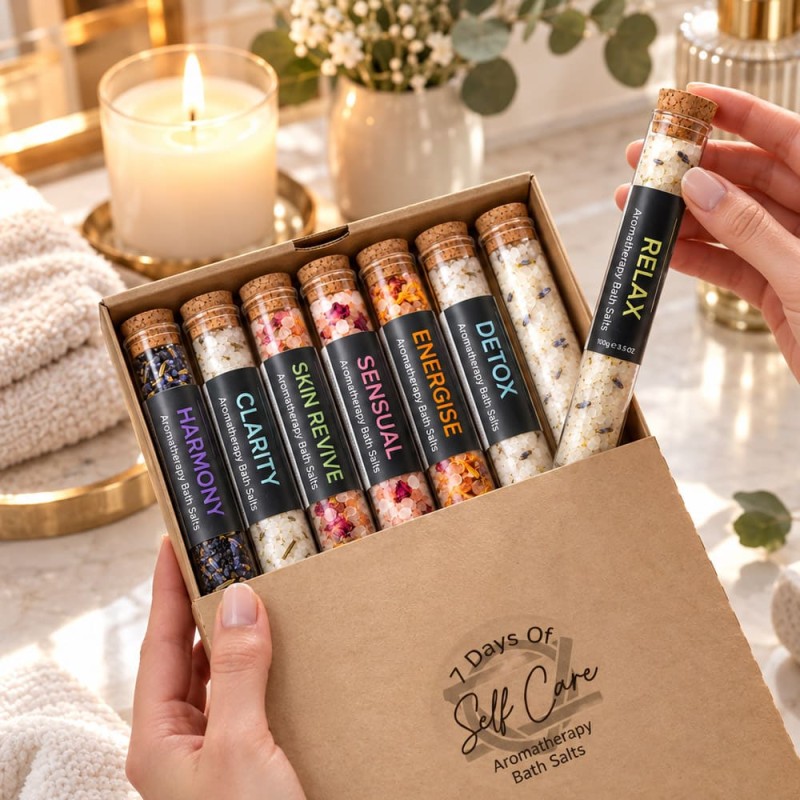 Coffret cadeau sels de bain 7 tubes huiles essentielles