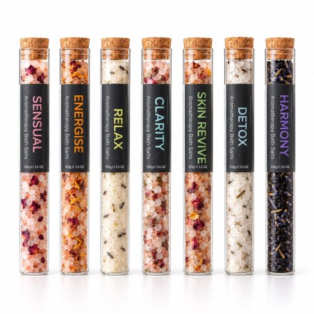 Coffret cadeau de 7 tubes de sels de bain colorés aux huiles essentielles, un parfum pour chaque jour de la semaine
