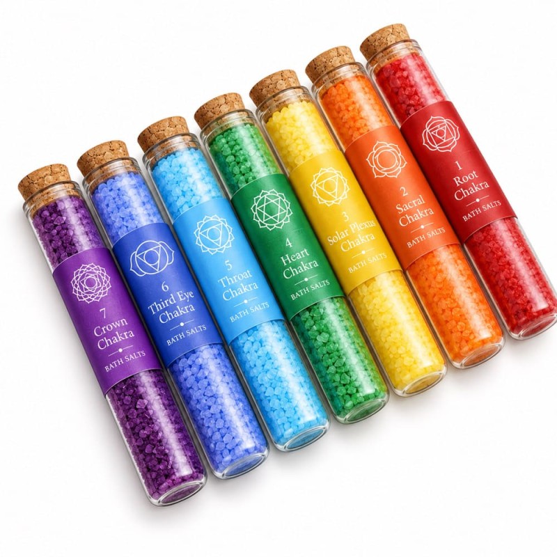Coffret cadeau de 7 tubes de sels de bain chakra aux couleurs de l’arc-en-ciel, du rouge au violet