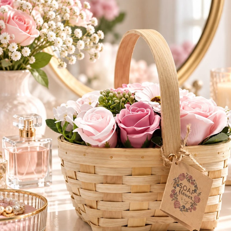 Bouquet de fleurs de savon roses en panier d’osier tressé
