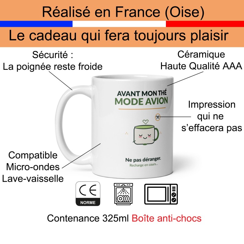Achat mug avant mon thé mode avion, tasse drôle réveil