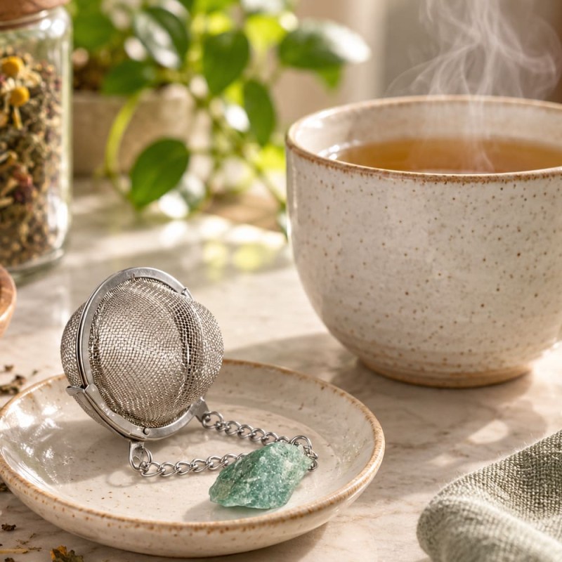Infuseur à thé boule inox avec pierre aventurine verte