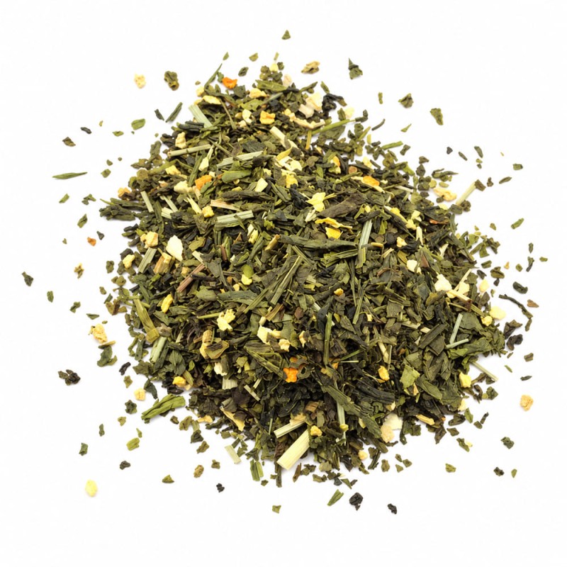 Sachet de 50 g de thé vert bio au citron, au gingembre et à la citronnelle, idée cadeau