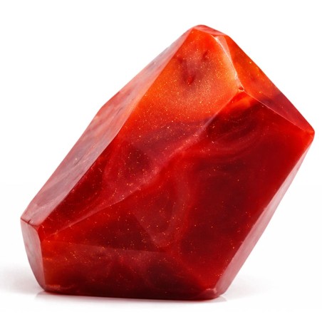 Savon cadeau rouge en forme de cristal élément Feu avec pierre naturelle cachée, dans sa boîte illustrée prête à offrir