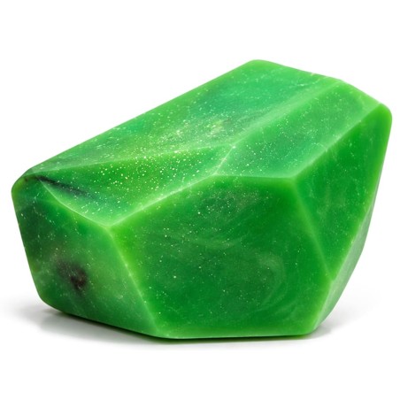 Savon cadeau vert en forme de cristal élément Terre avec pierre naturelle cachée, dans sa boîte illustrée prête à offrir