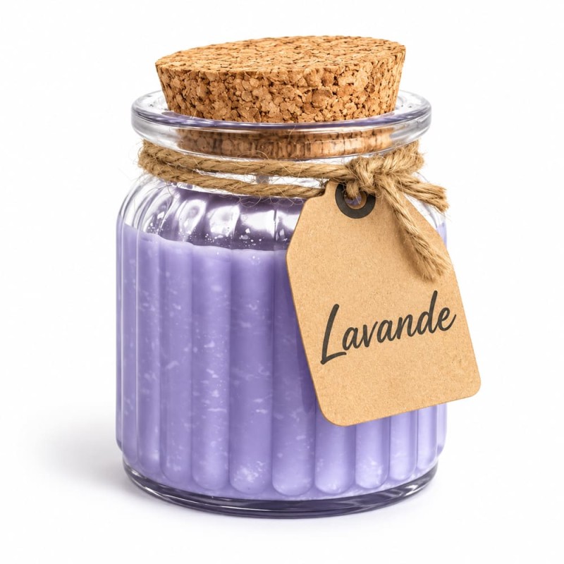 Bougie parfumée à la lavande en cire de soja dans un pot en verre avec couvercle en liège, idée petit cadeau