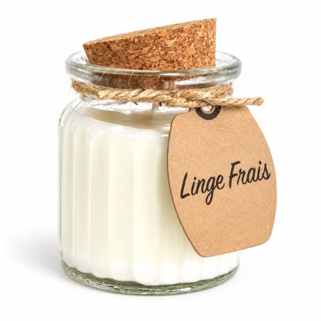 Bougie parfumée Linge frais en cire de soja dans un pot en verre avec couvercle en liège, idée cadeau pour la maison