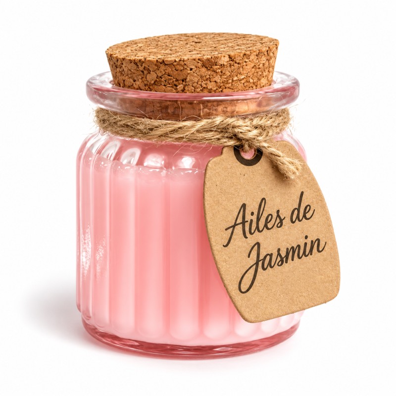 Bougie parfumée au jasmin en cire de soja dans un pot en verre avec couvercle en liège, idée cadeau fleuri pour femme